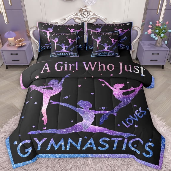 Castle Fairy Gymnast Girl Twin Bedding Sets 7-Piece for Children Teens Adults,Gradient Bling Glitter Bedding Comforter Set Microfiber,Dreamy Princess Breathable Sheet Sets,Ultra Soft Home Decor