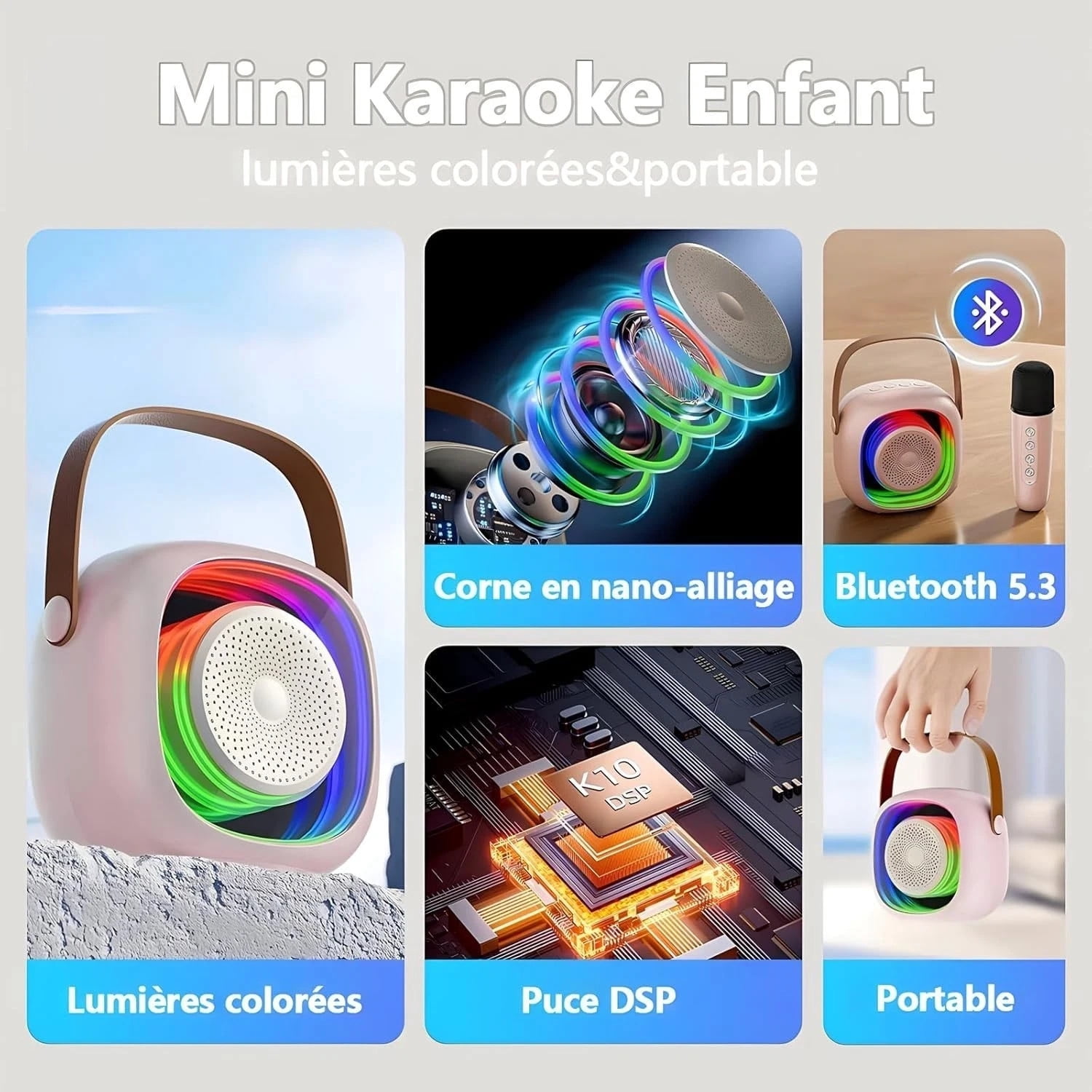 Kids Karaoke Machine with 2 Microphones, Mini Bluetooth Speaker, LED Lights Gift