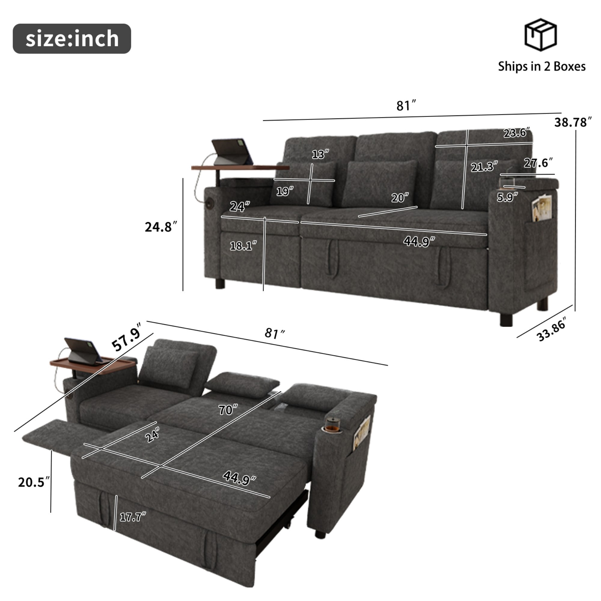 DEALTOPS 81" Chenille Pull-Out Sleeper Sofa Bed with Recliner, Tray Table, USB Ports & Storage, Dark Gray