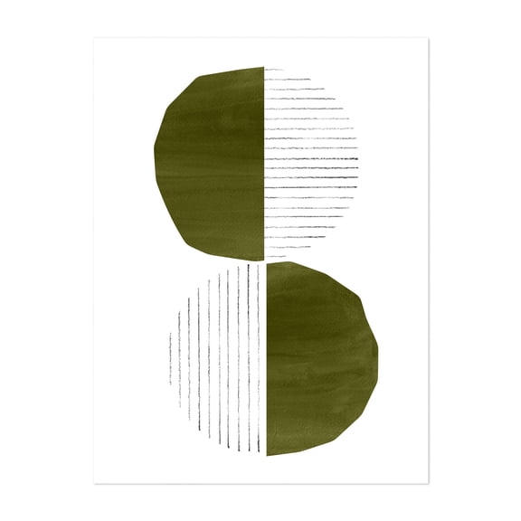 Olive green doho shapes - Mixed Media Geometric Minimalist Abstract Modern Art Line Art Watercolor Pattern Unframed Wall Art Print 5 x 7 inches