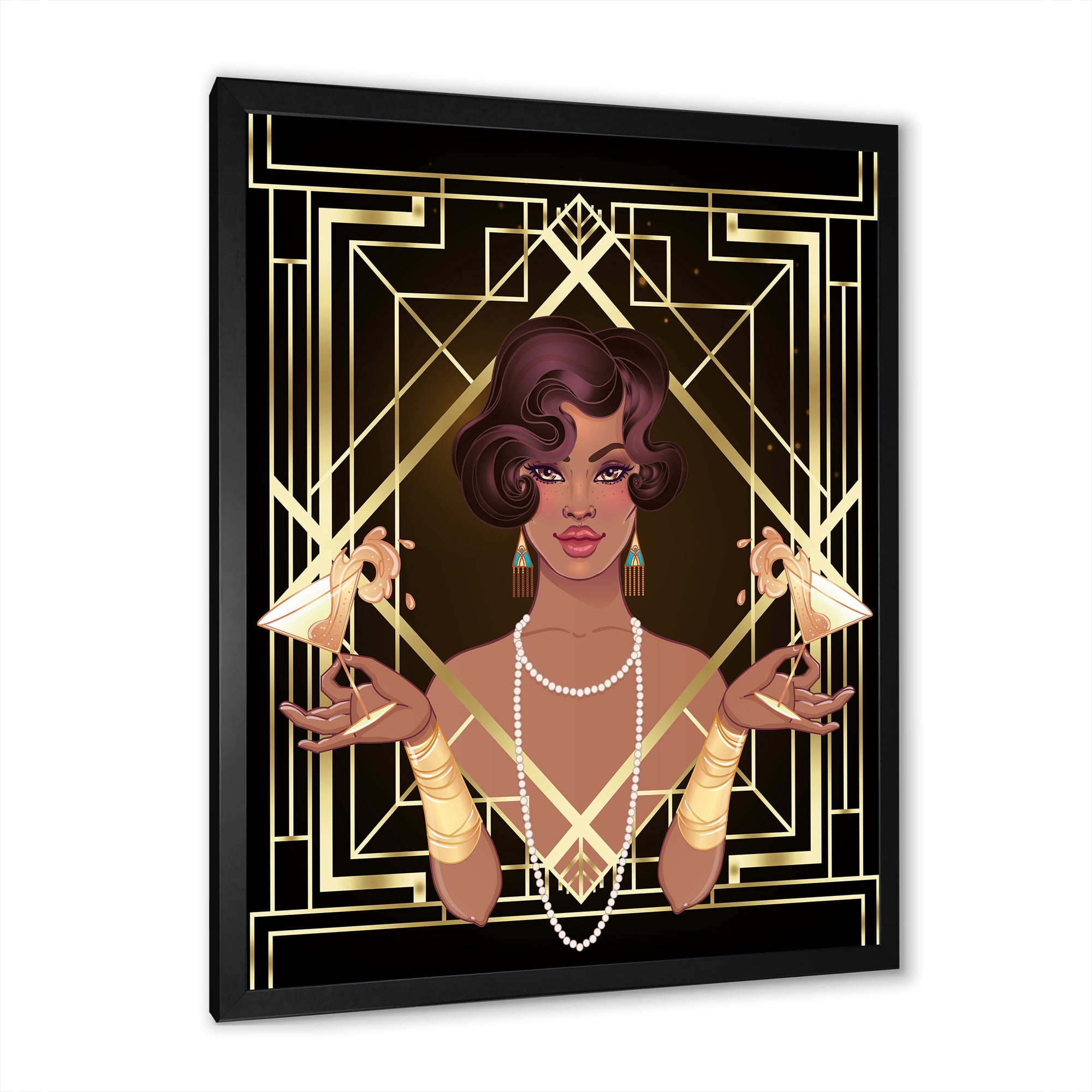 Designart 'Retro Girl In Golden Art Deco Geometrics I' Modern Framed Art Print