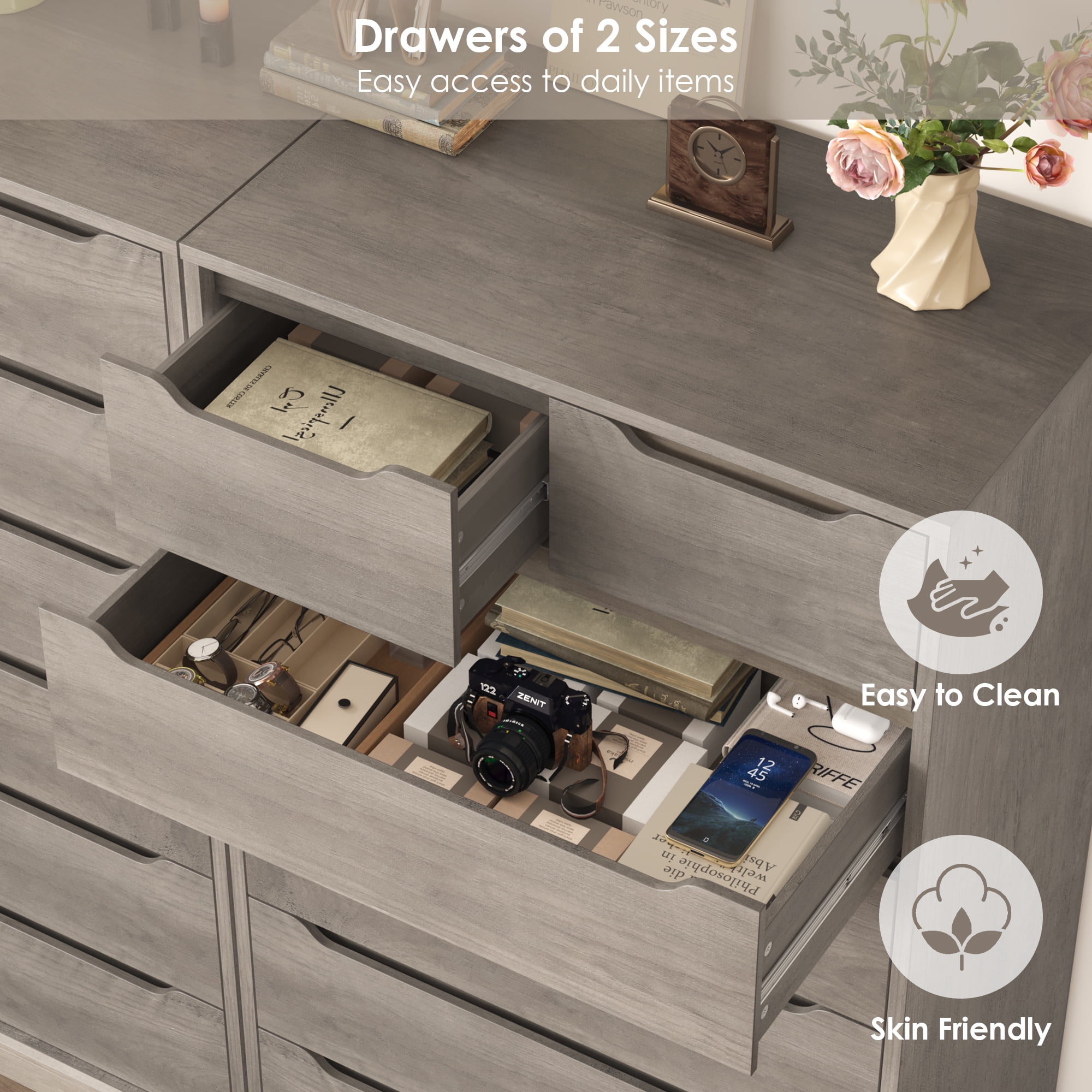 Homfa 7 Drawer Dresser, 51.3"H Wood Storage Cabinet with Upgraded Stable Base, Vertical Chest for Bedroom Living Room, Wash Gray