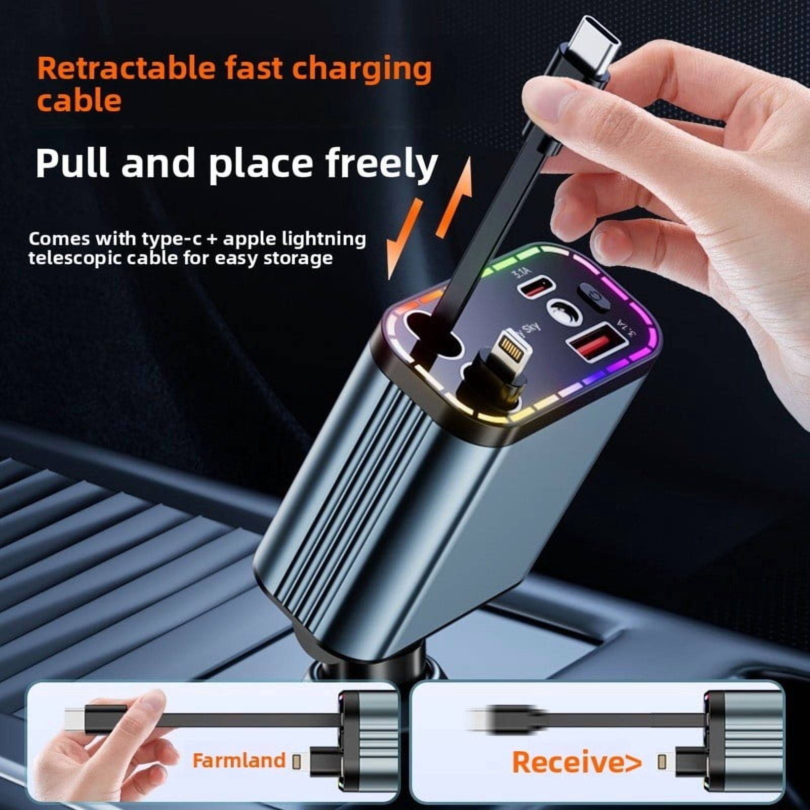 152W USB C Fast Car Charger with PD Quick Charge, 4 Port Cigarette Lighter Car Charger with Dual Retractable Cables and LED Ambient Light, for iPhone and Android