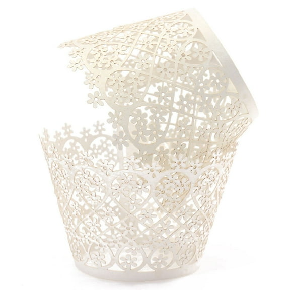 Ivory Pearlized Lace Cupcake Wrappers (25pcs, Standard Size) Grease Resistant Cake Liners for Baking, Caking and Crafting by Bakell