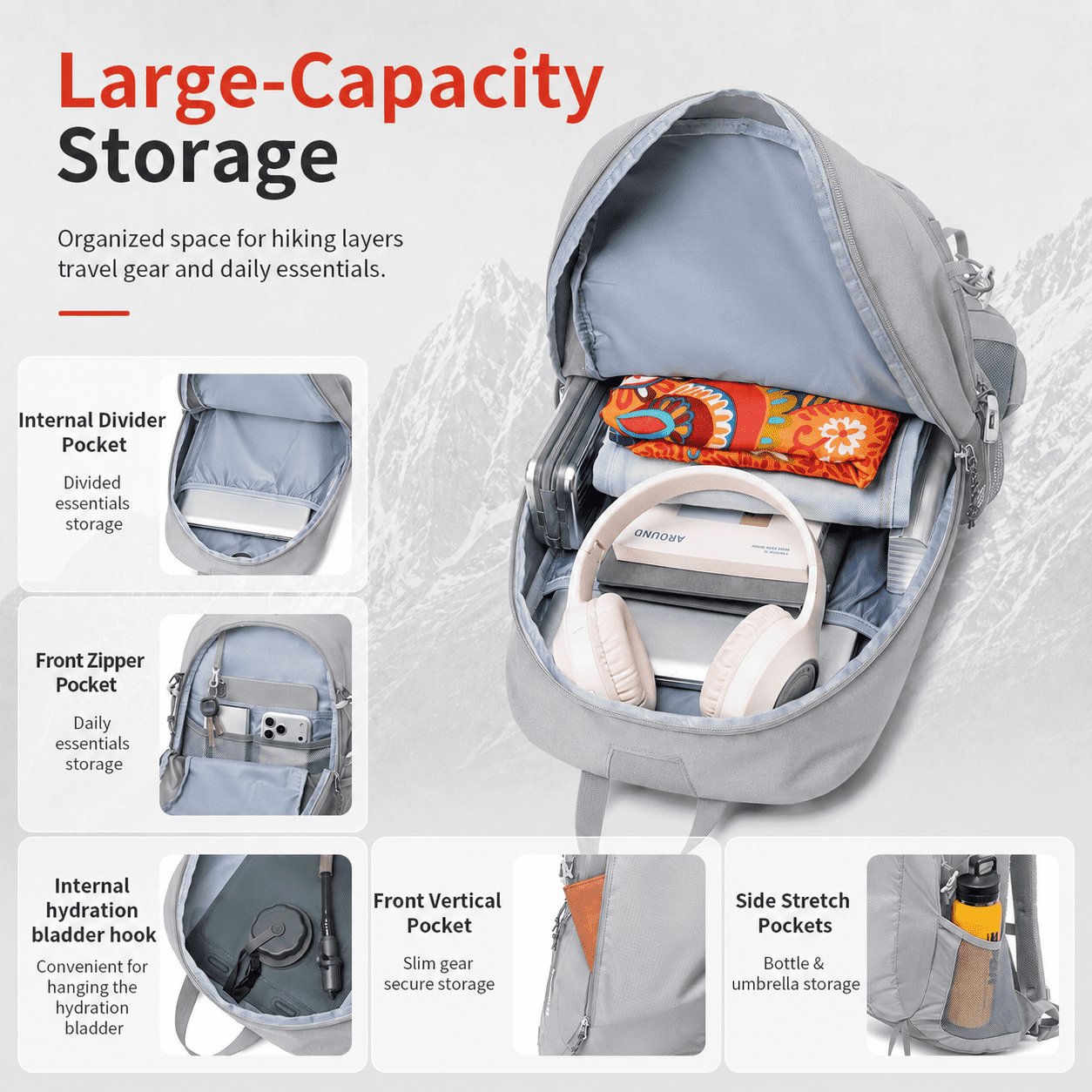 JIDIZHE 35L Polar Explorer Hiking Backpack, Lightweight Water-Resistant Outdoor Travel Backpack for Men & Women, Gray
