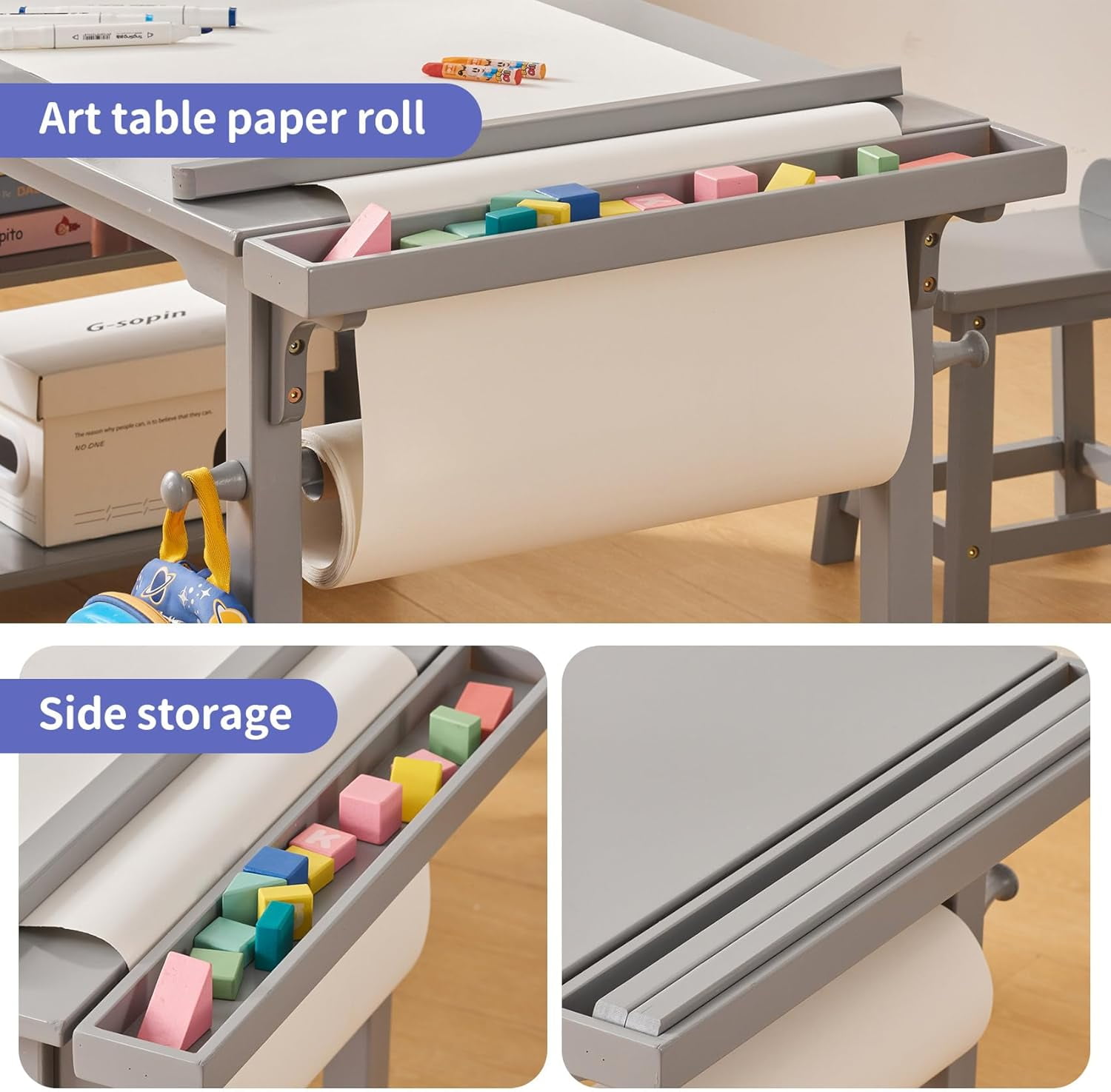 UNICOO® Drawing and Art Table & Chair Set for Toddlers - Portable Craft Supplies Organizer and Storage Shelves, Canvas Bins, Paper Roll Rack, 2 Stools, Kids Art Table, Ages 2-12 (Gray)