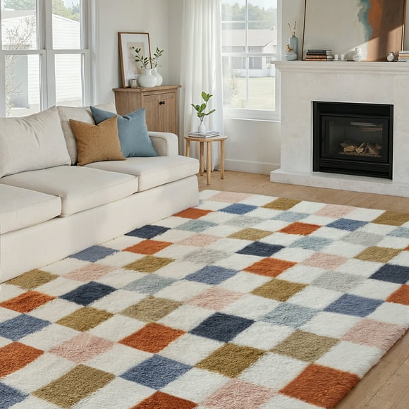 BERTHMEER 8'x10' Shag Area Rugs for Living Room Bedroom Dinning Room Large Plush Pile Soft Fluffy Contemporary Geometric Modern Washable Indoor Carpets Rugs,Multicolor