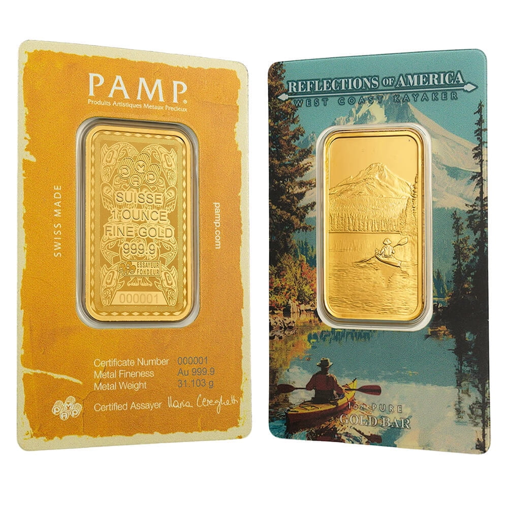 1 oz PAMP Suisse West Coast Kayaker Gold Bar .9999 Fine (in Assay)
