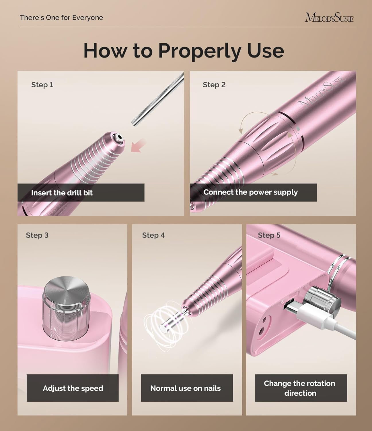 MelodySusie SC300F Electric Nail Drill Machine,30000 RPM Cordless Rechargeable Nail File Kit for Acrylic Gel Nail Care Manicure Polishing Set,Pink