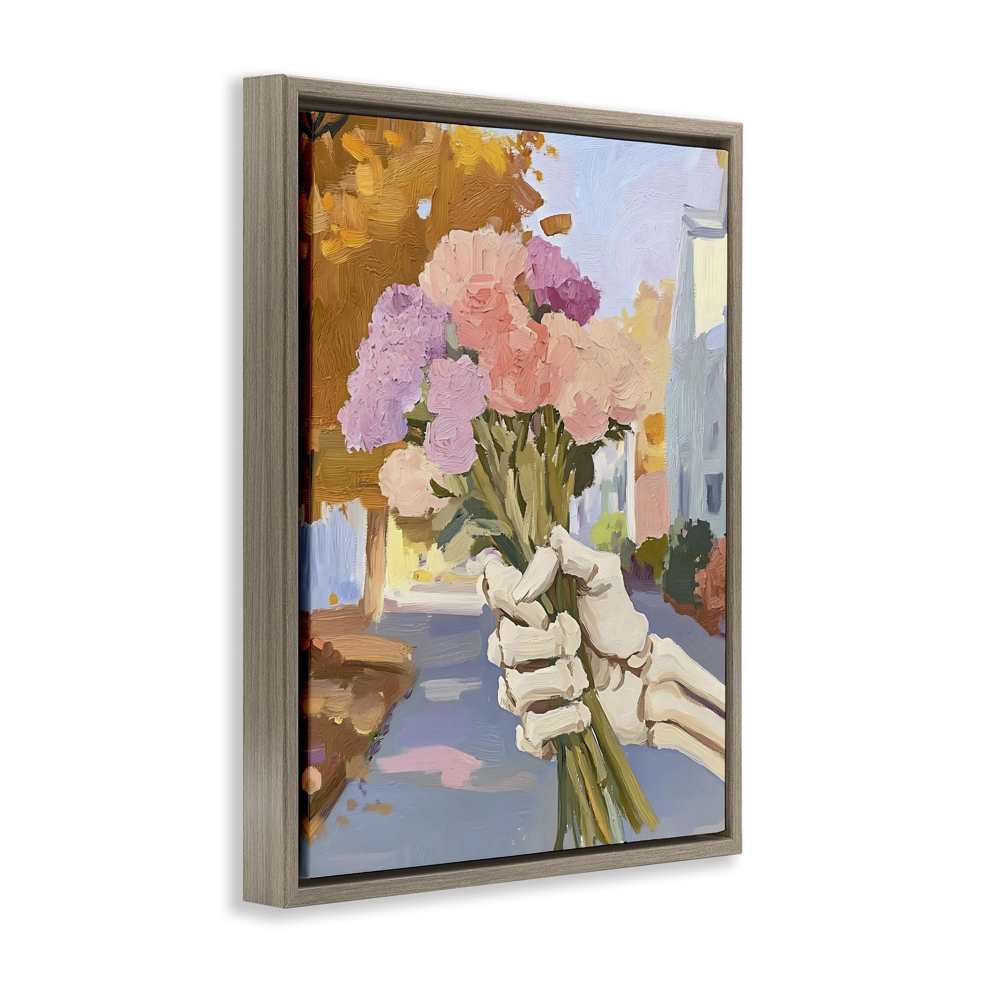 Stupell Industries Skeleton Hand Holding Flowers Brown Framed Floater Canvas Wall Art, design by The Prints Vibe