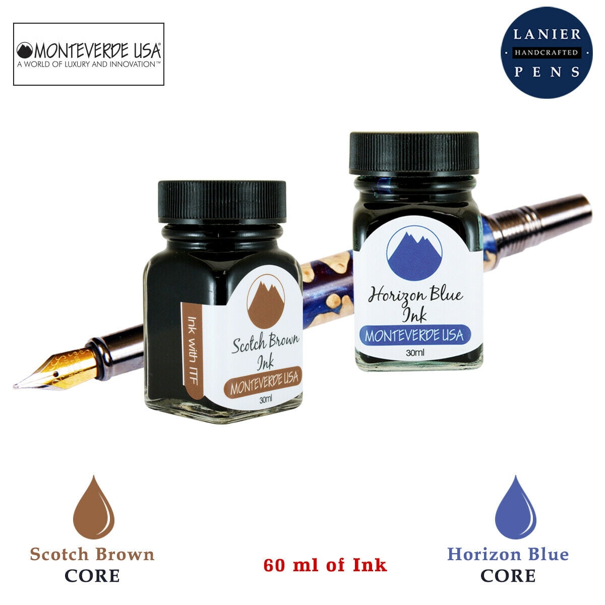 Monteverde 60ml Core Fountain Pen Ink Bottle (30ml Scotch Brown Ink Bottle G309SB, 30ml Horizon Blue Ink Bottle G309HB)