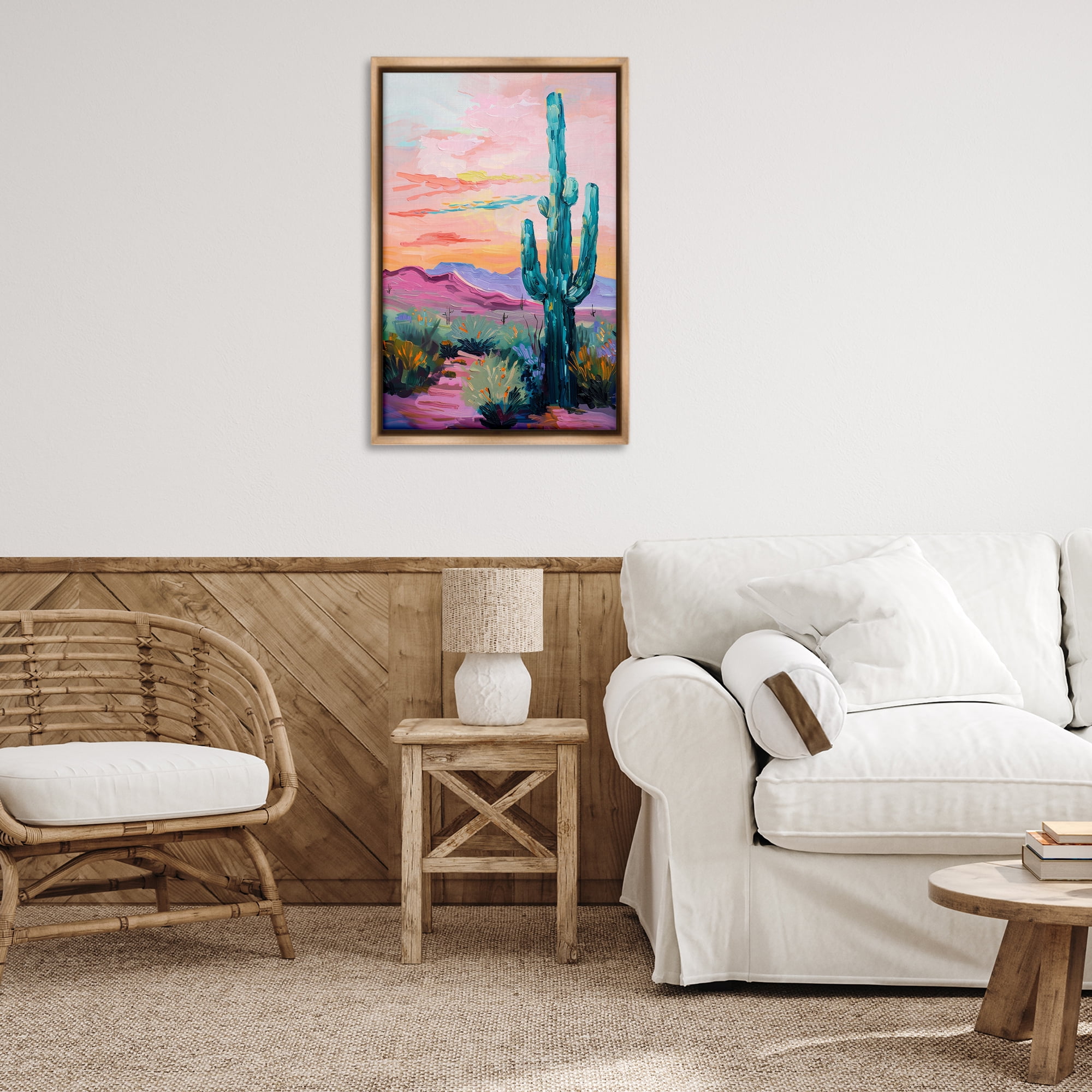 Stupell Industries Looming Cactus Pastel Sky Landscape & Nature Painting Brown Floater Framed Canvas Art Print Wall Art, 21 x 31