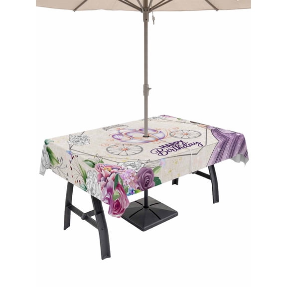 Outdoor Tablecloths with Umbrella Hole & Zipper, Happy Birthday Tablecloth Rectangle 60x84 Inch, Purple Dress Crown Carriage Flowers Retro Waterproof Table Cloth, Patio/Pool/Picnic Table Covers