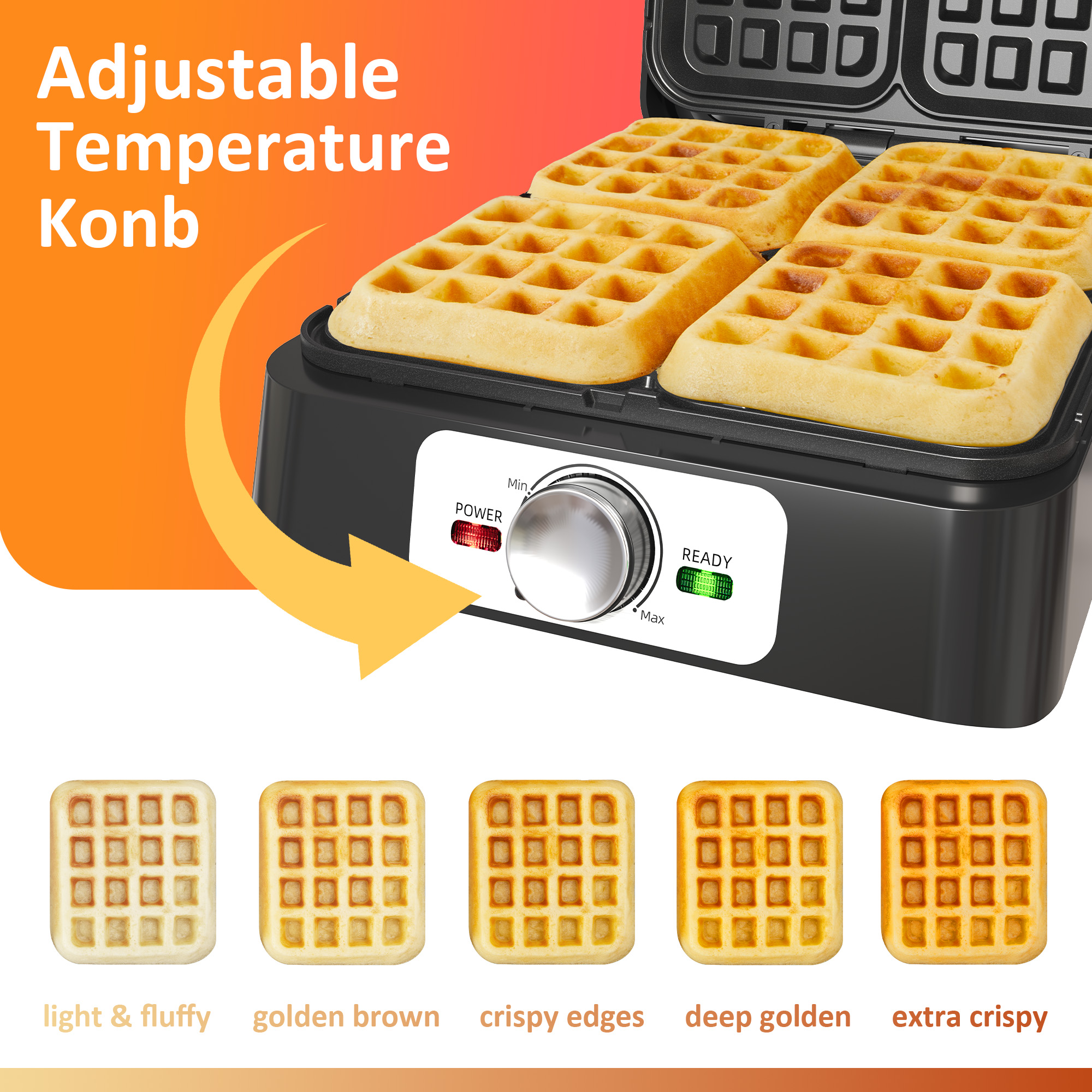 Heynemo Electric Waffle Maker 4 Slices, Stainless Steel Waffle Iron with Adjustable Heat, Nonstick Coating & Cool Touch Handle