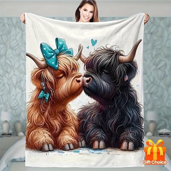 1pc Cozy Cow Blanket Soft Warm and Cozy 1pc Highland Cows Print Flannel Blanket Multi Purpose Throw for Office Camping Travel or Home Use All Season Gift with Adorable Cow Design