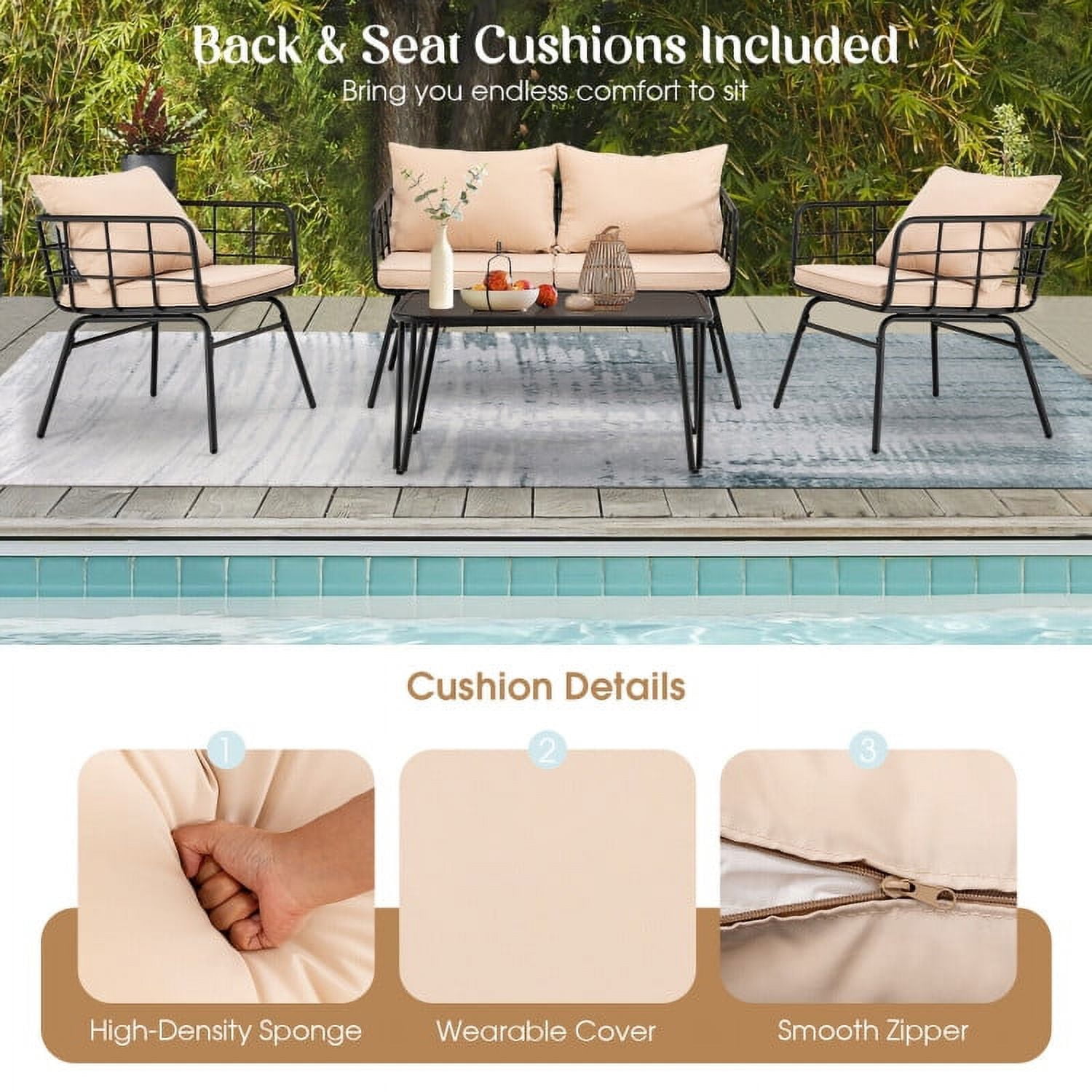 Aimee Lii 4 Pieces Patio Furniture Set with Seat Back Cushions, Patio Conversation Sets for Backyard and Poolside, Beige