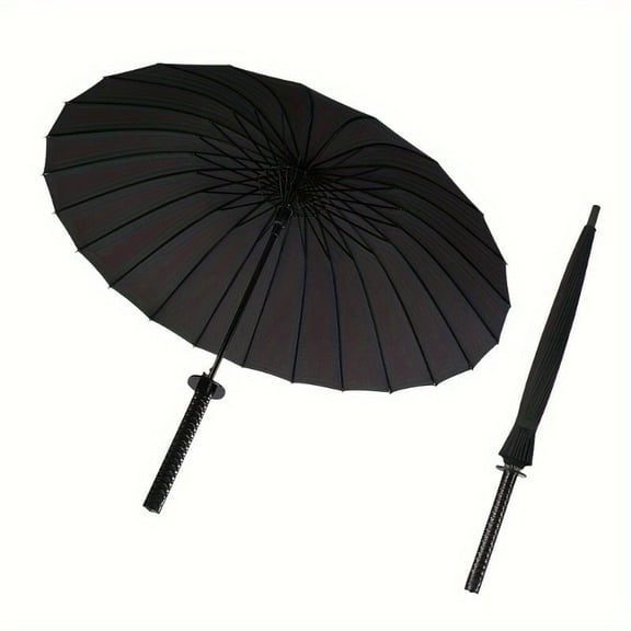 24-Rib Automatic Open Samurai Sword Cane Umbrella - Durable Plastic Handle, Waterproof Nylon Canopy, Stylish Sun & Rain Protectio,Black