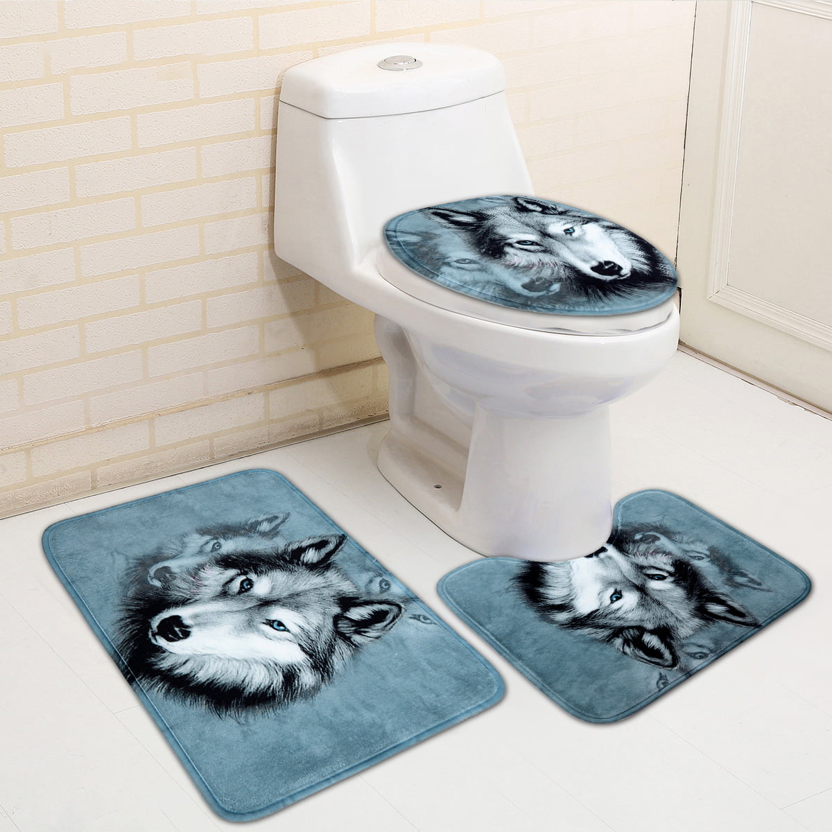 3 Pcs Flannel Animal Deer Bear Wolf Bathroom Rug Set Non-Slip Mat Toilet Cover