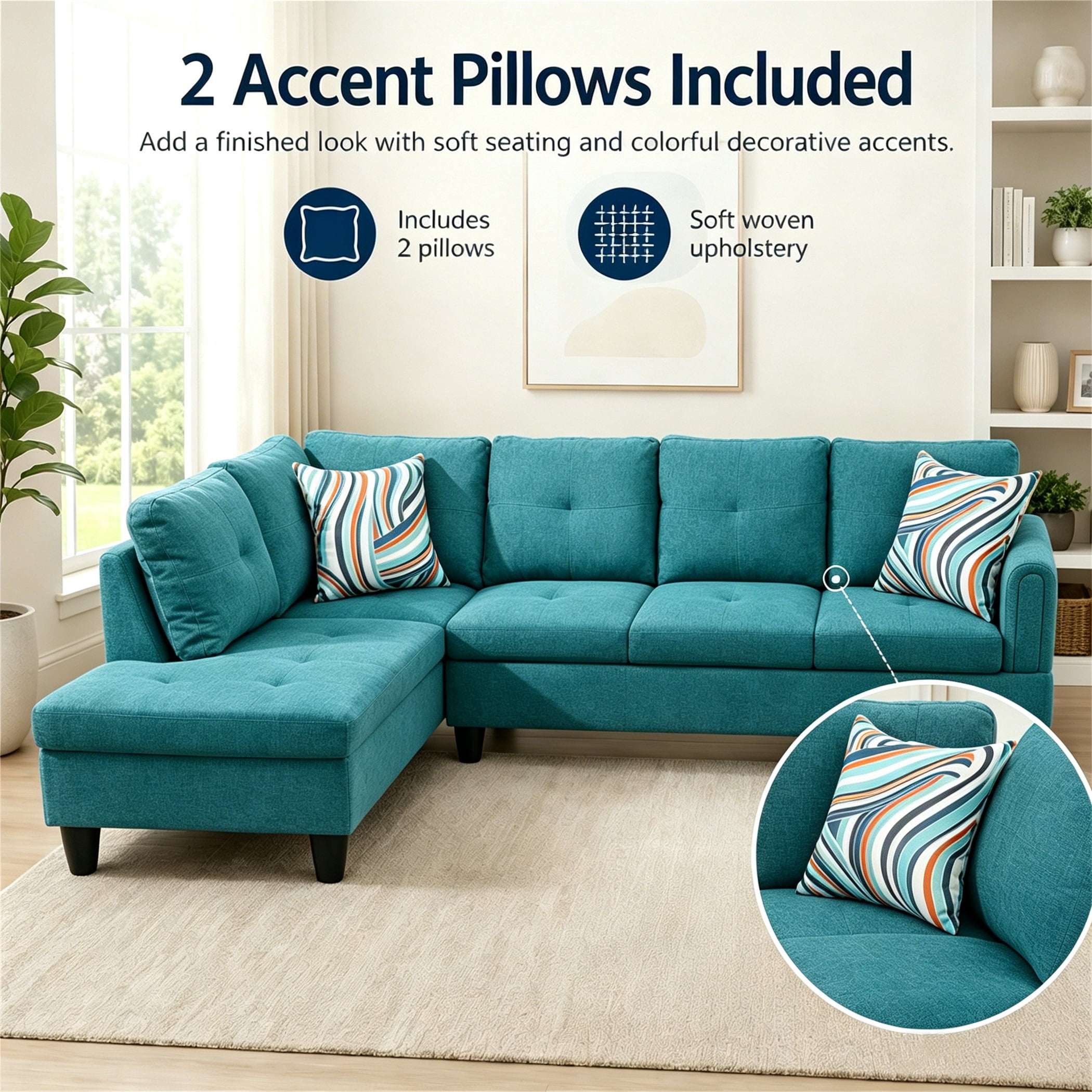 Aukfa 97" Classic Sectional Sofa 4 Seat L shape Couch with Oversized Left Chaise for Living Room, 2Pillows, Linen, Aqua Blue