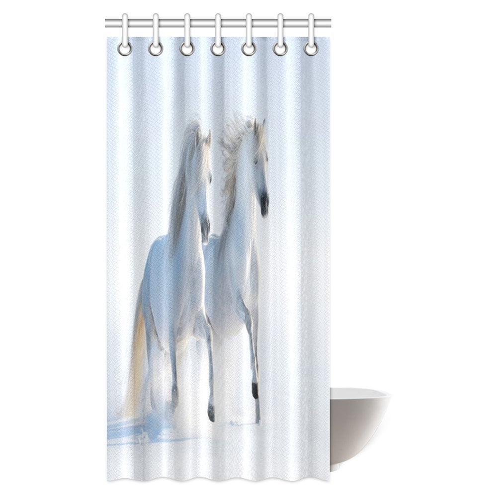 MYPOP Horses Shower Curtain, Two Galloping White Horses on Snow Field