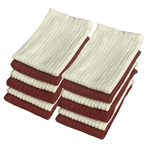 Set of 12, 100% Ring-Spun Cotton 6 Blood Red, 6 Ivory Dishcloths, Ultra Absorben