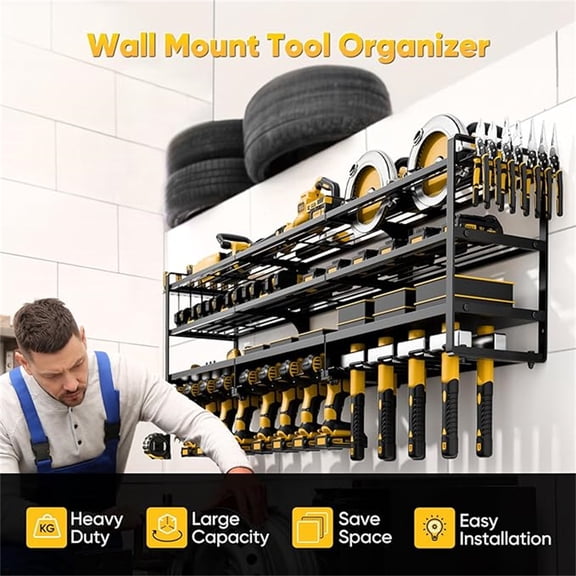 49" W Large Power Tool Organizer Wall Mount, 4 Layer Heavy Duty Loads 600 lbs, Tool Rack Holds 12 Cordless Drills, Large Capacity Shelf Storage for Garage Workshop, Gifts for Men