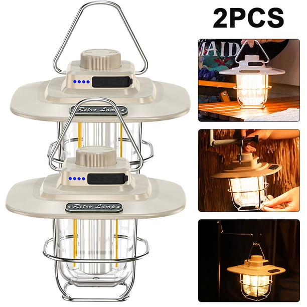 2 luces LED de camping, regulable, retro, con gancho para equipo de exterior (blanca)