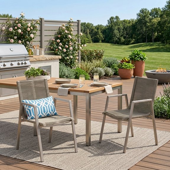Modern Aluminum Dining Chairs with Rope Seat (Set of 2) - Silver and Taupe