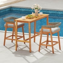 Costway 3 PCS Patio Counter Height Bar Set with 2 Cushioned Barstools Curved Rattan Back