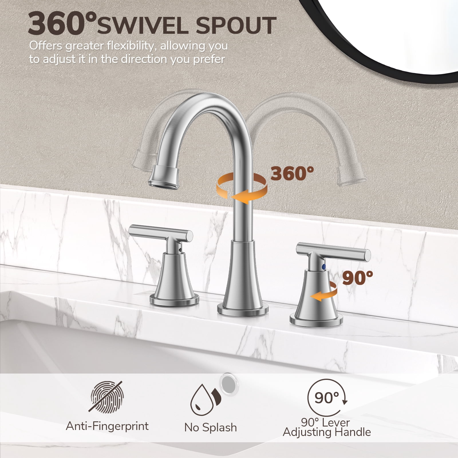 KINGTACK Bathroom Faucet for Sink 3 Hole, 8 Inch Bathroom Faucets with Pop-up Drain and Supply Lines, Brushed Nickel