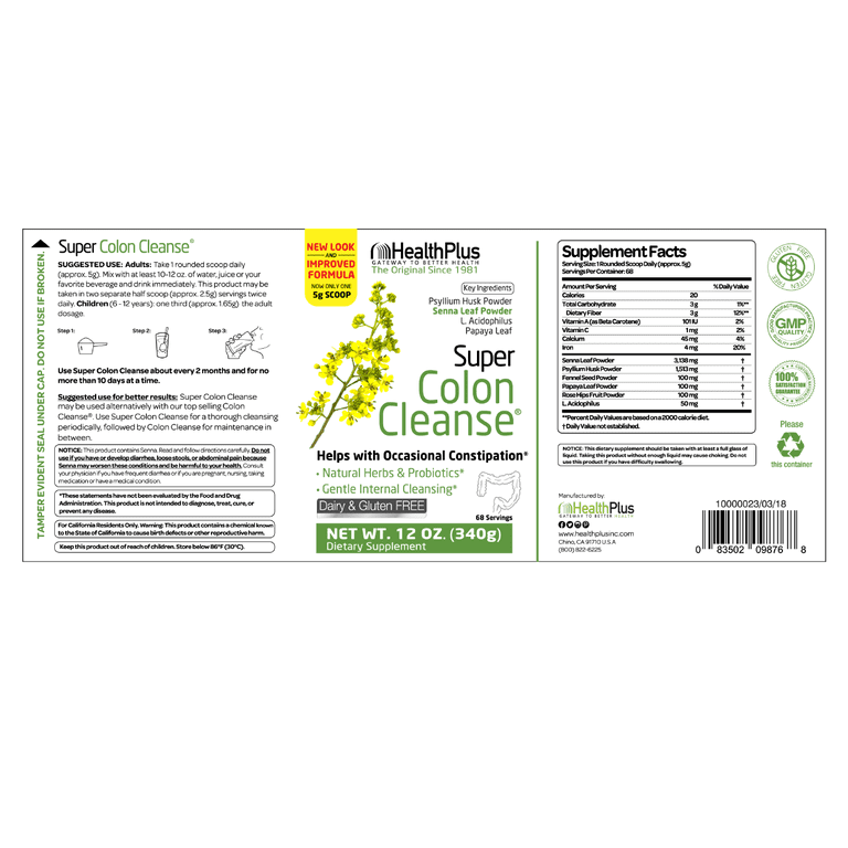 Health Plus Super Colon Cleanse Cleaner Flush, 12 oz Powder