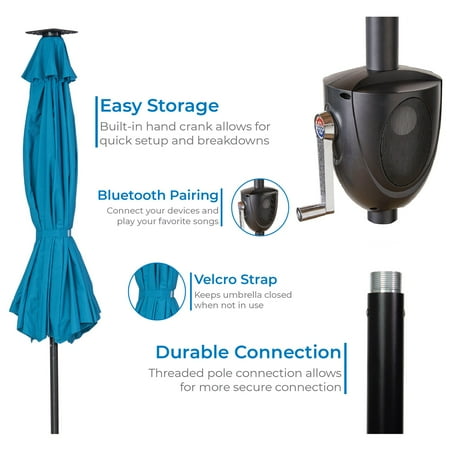Sun Ray - 9' Round 8Rib Aluminum Bluetooth Solar Lighted Umbrella - Grey