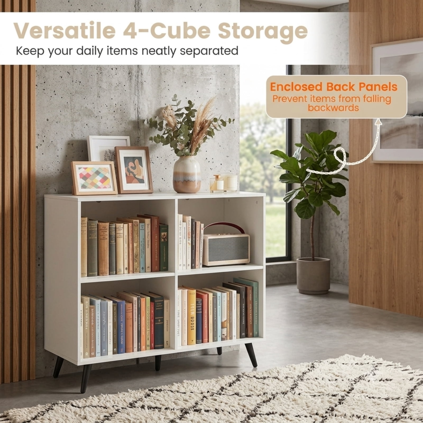 Furnibear 4 Cube Wooden Bookshelf Bookcase Desk with 5 Metal Legs and Enclosed Back for Home Office Living Room Storage, White