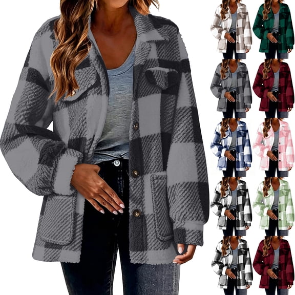 Womens Plaid Shacket Jacket with Patch Pockets,Button Down Turned-Down Collar Warm Fleece Fall Winter Coat