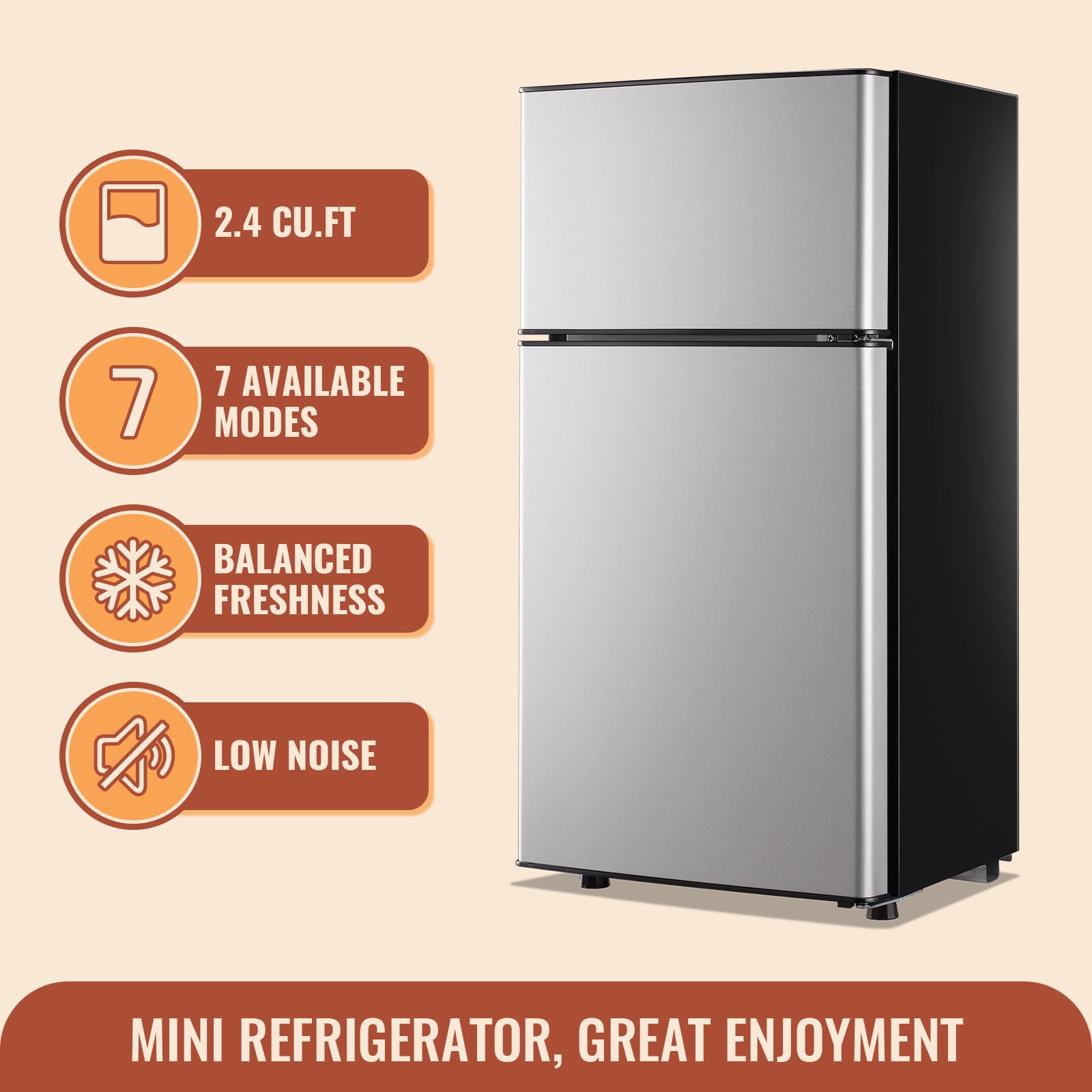 DEMULLER 2.4 Cu.ft Mini Fridge Small Refrigerator with Freezer Removable Shelves Two Door Silver New