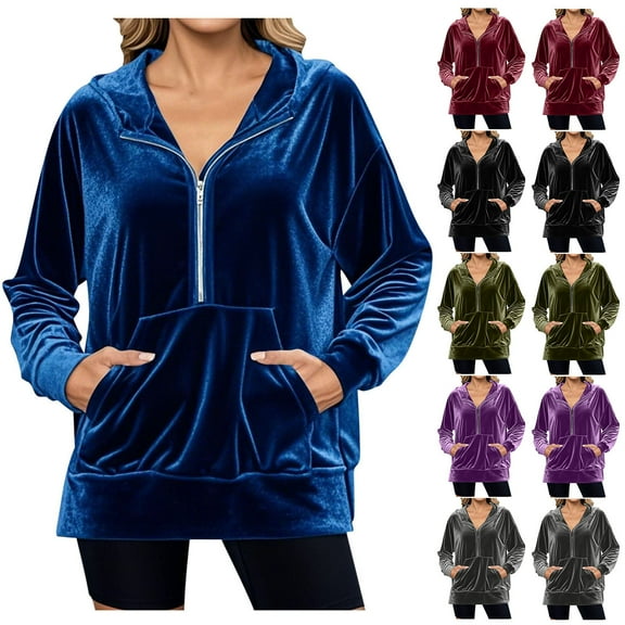 Axiiglly Hoodies for Women Long Sleeve Solid Velvet Hoodies Casual Velour Hooded Pullover Sweatshirts with Pockets