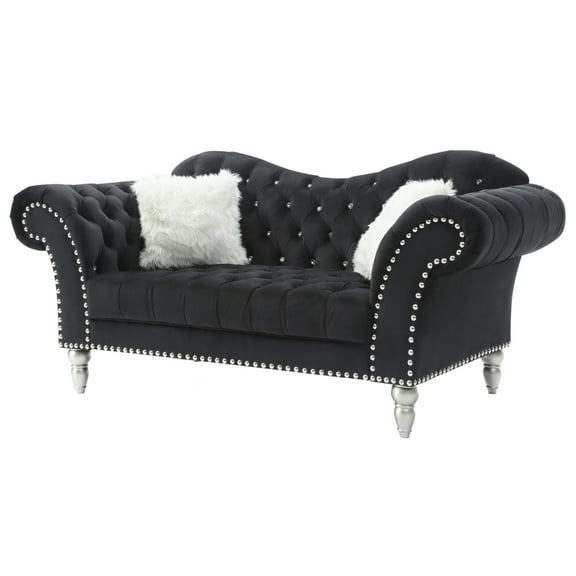 Passion Furniture Wilshire 75 in. Black Velvet 3-Seater Sofa with 2-Throw Pillow