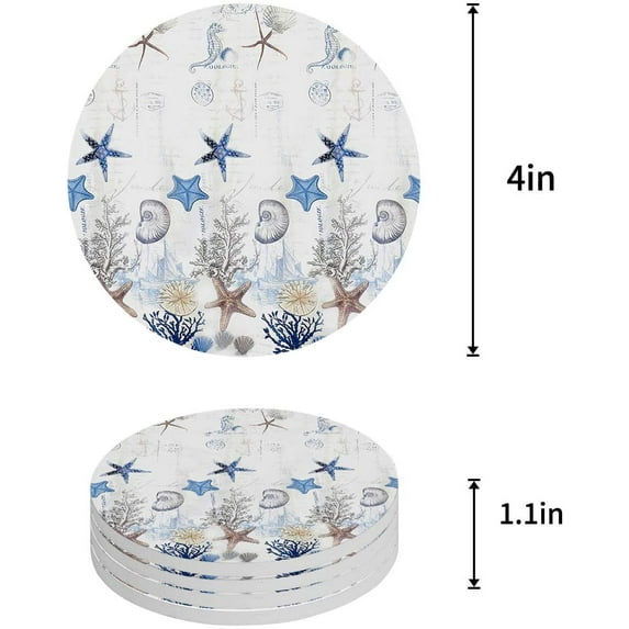 FMSHPON Theme Stars and Shells Set of 8 Round Coaster for Drinks, Absorbent Ceramic Stone Coasters Cup Mat with Cork Base for Home Kitchen Room Coffee Table Bar Decor