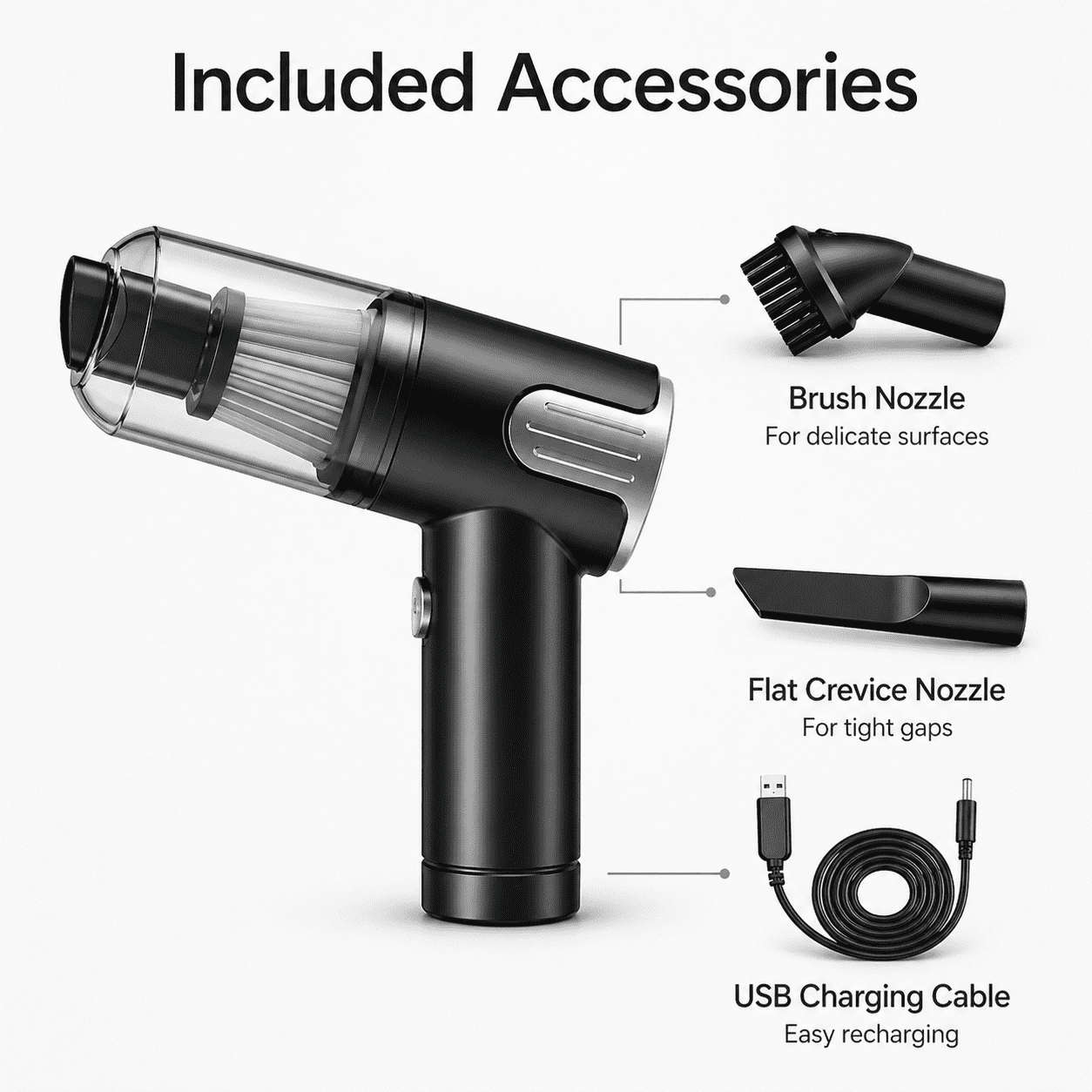 Alvantor Cordless Car Vacuum Cleaner, 9000Pa USB Rechargeable Handheld Mini Vacuum, Silver