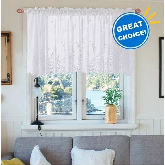 Howarmer White Sheer Valance 54 x 35 inch Embroidered Lace Valance Curtains Living Room Bedroom Rod Pocket Voile Drapes, Elegant Home Decor Window Treatments, 1 Panel