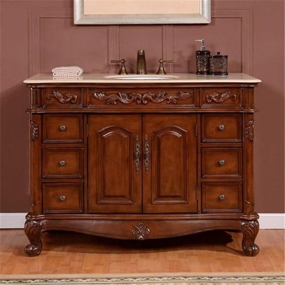 Silkroad Exclusive Traditional Cream Marfil Marble Bathroom Vanity- Single Sink - 48 in. Wide