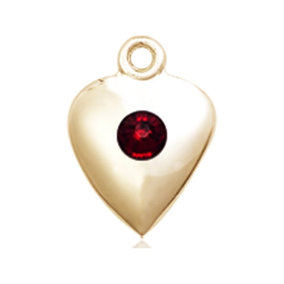14kt Yellow Gold Heart Medal with 3mm January Red Swarovski Crystal 1 1/4 x 1 5/8 inches