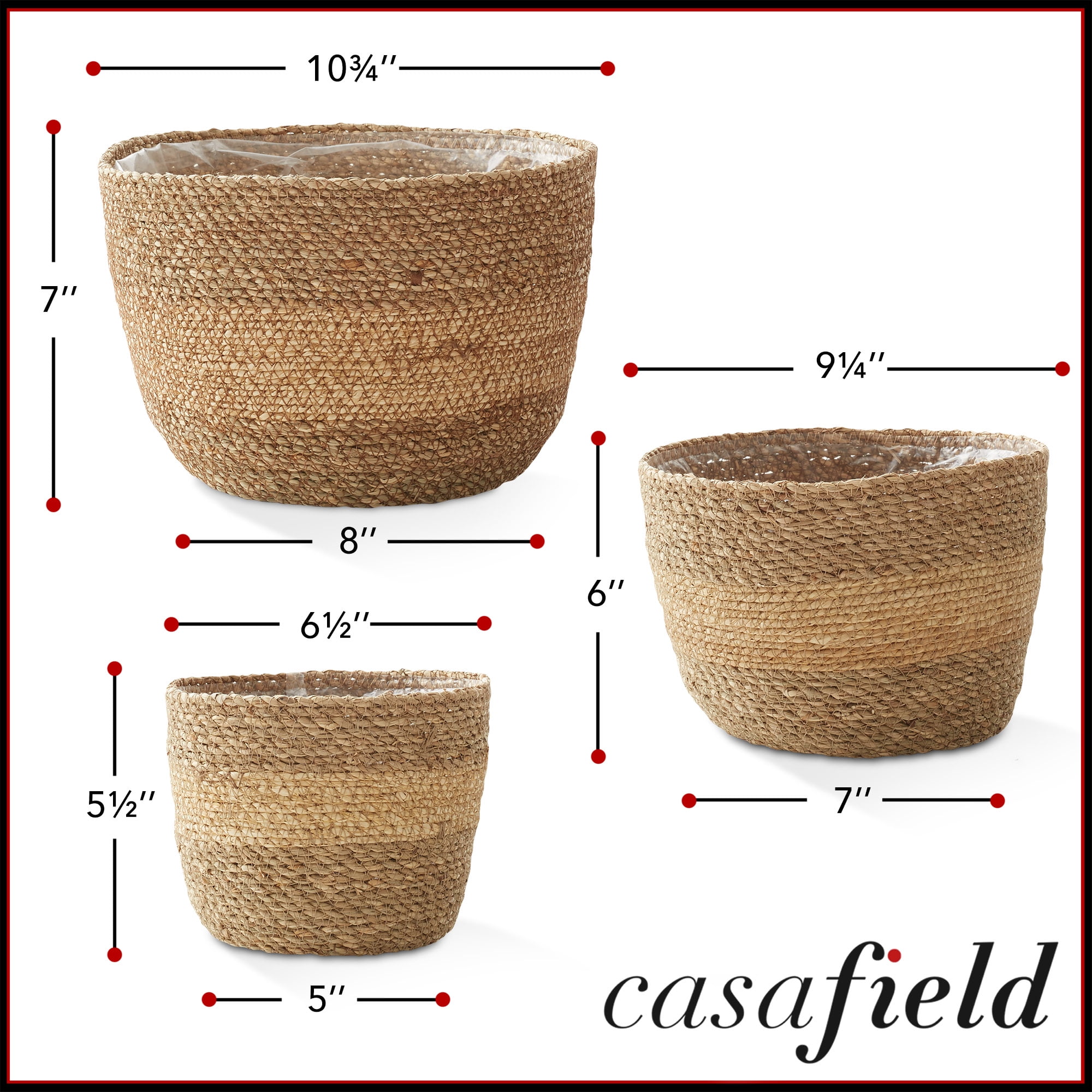 Casafield Set of 3 Seagrass Planter Baskets - Two-Tone, Hand Woven Indoor Flower Pot Covers with Liners for Plants, Succulents, Home Decor