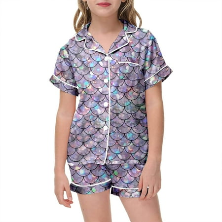 Hwmodou Girls 2 Piece Summer Pajamas Sparkling Mermaiing Fish Scale Print Casual Short Sleeve Top And Shorts Pajama Set Sleepwear Beach Daily Pjs For Teen Girl Size 10-11Y