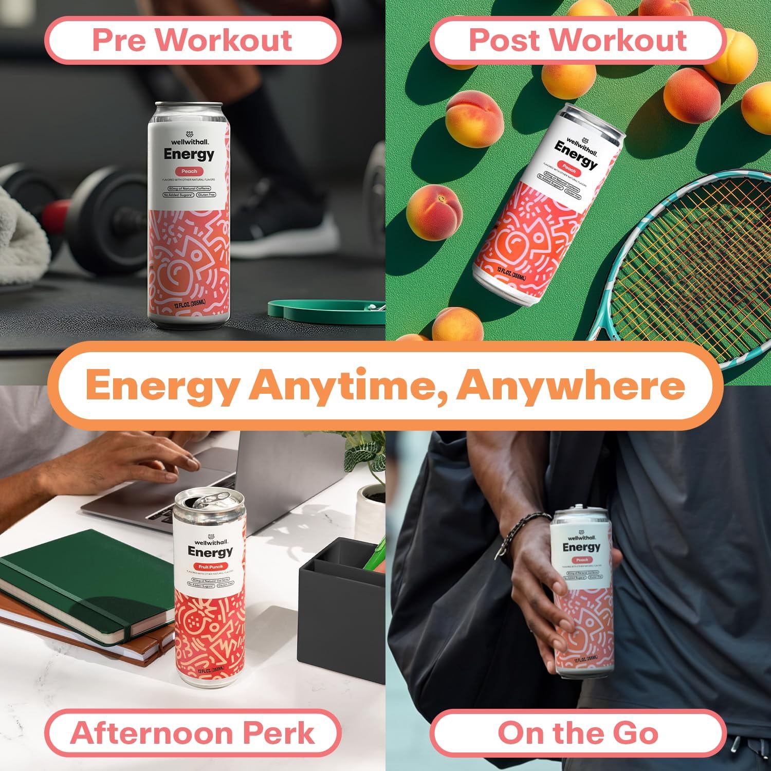 WellWithAll Energy Drink - Peach - Natural Caffeine - Lightly Sparkling 12 oz, 12 Pack
