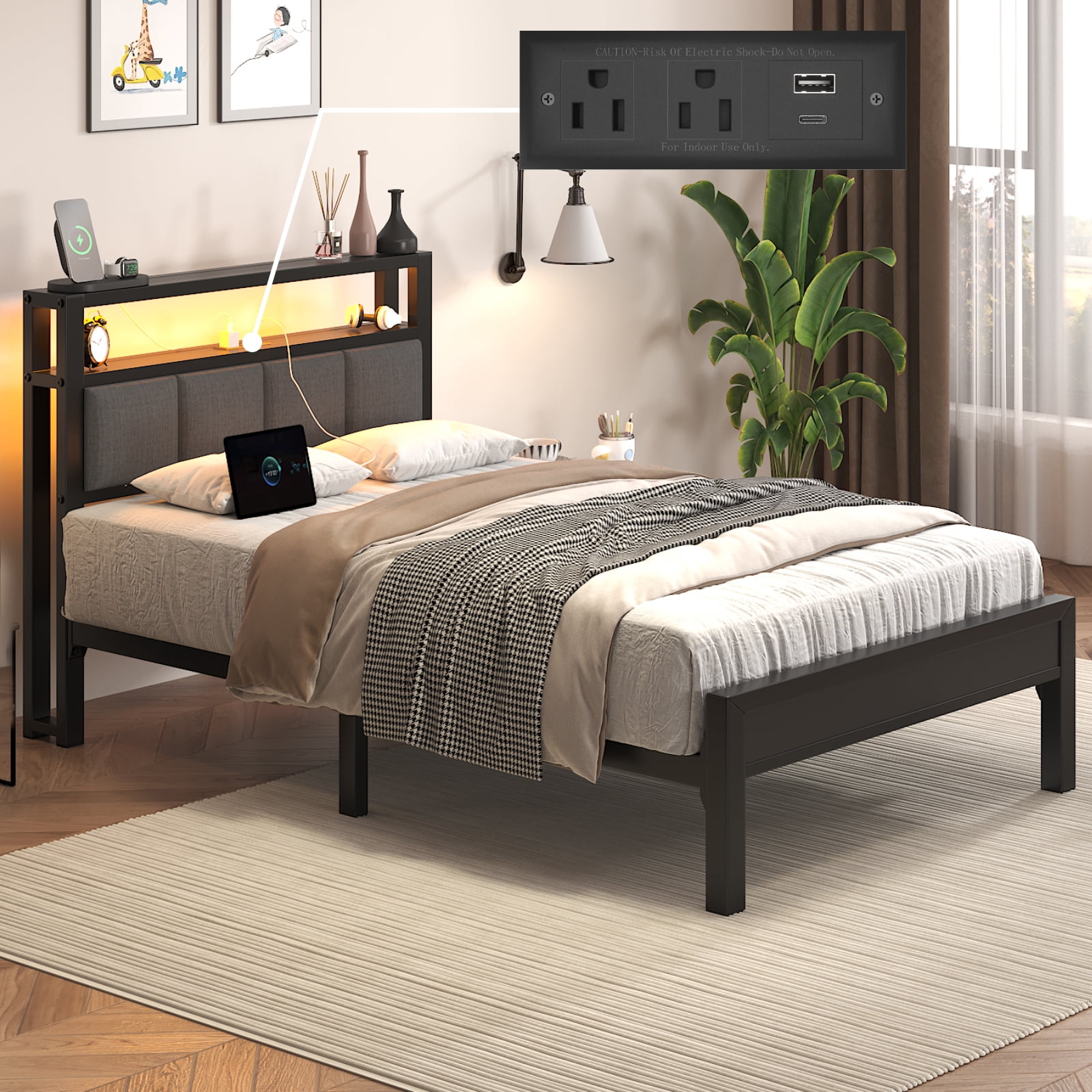 Twin Size Bed Frame with Storage Headboard, Metal Platform Bed with LED Lights & Charging Station, Heavy Duty Metal Slats, Gray