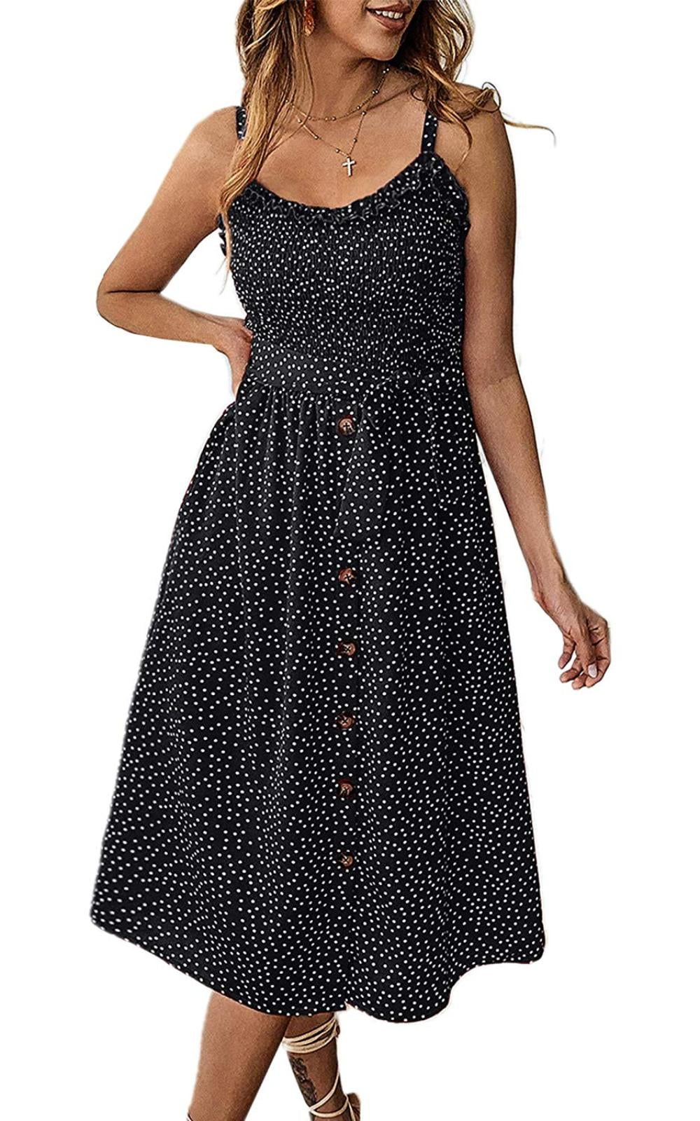 Women's Dresses - Summer Boho Floral Spaghetti Strap Button Down Belt ...