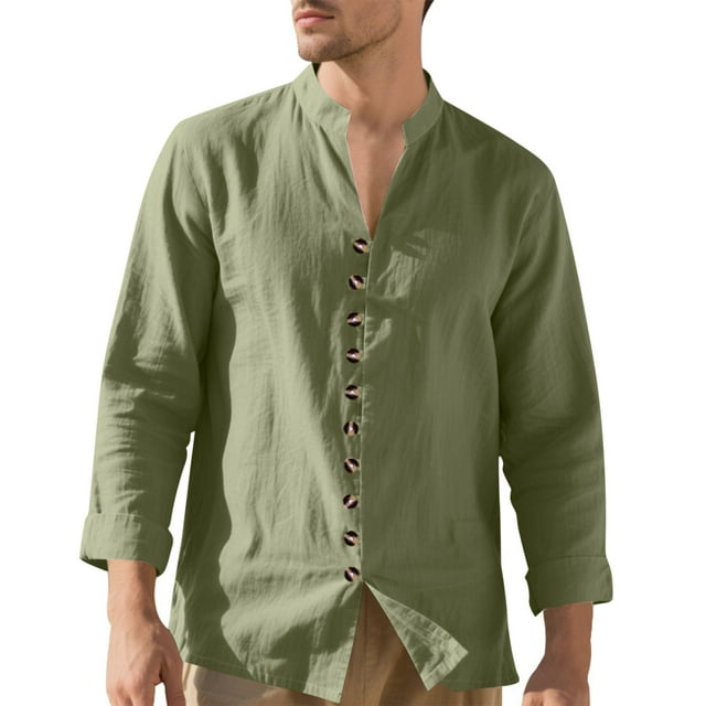 pstuiky camisa de manga larga para hombre, Camisas de lino para hombre, informales, de manga larga, con botones y cuello alto Tops casuales para hombres xxl