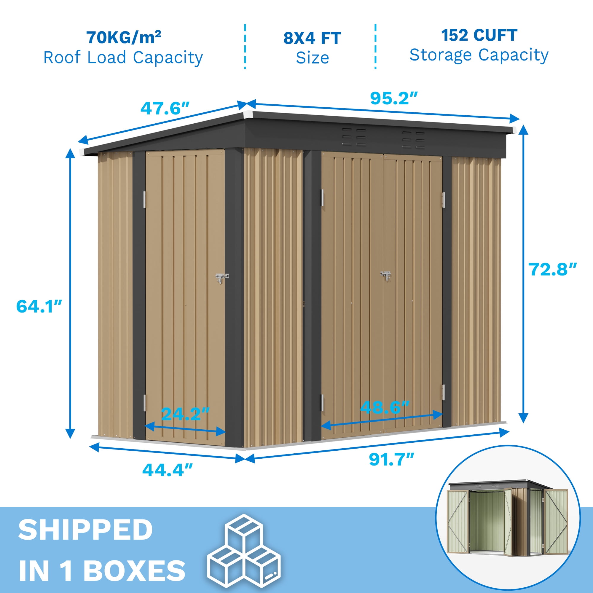 Patiowell 8x4FT Outdoor Metal Storage Shed with 3 Doors, Heavy-Duty Steel Garden Tool Shed, Brown Weather-Resistant Utility Cabinet for Patio, Yard