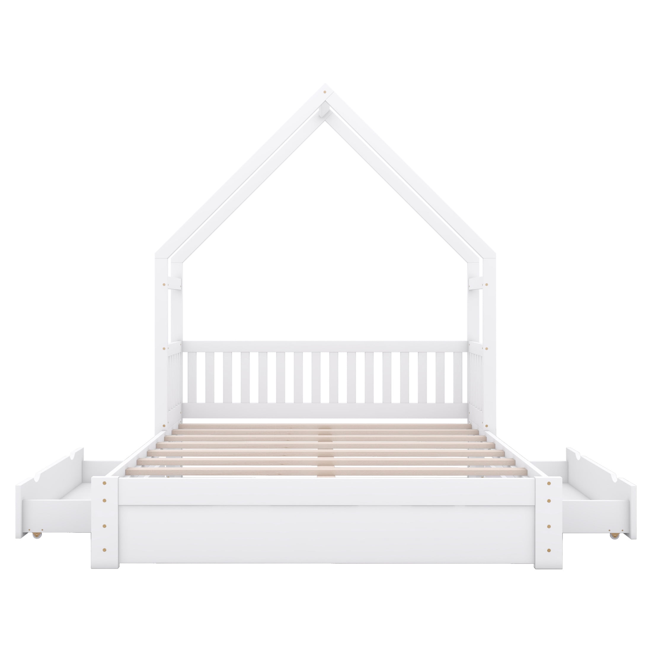 Noble House Nira Queen Size House-Shaped Platform Bed, Solid Pine Wood Bed with Storage Drawers, Space Saving, White